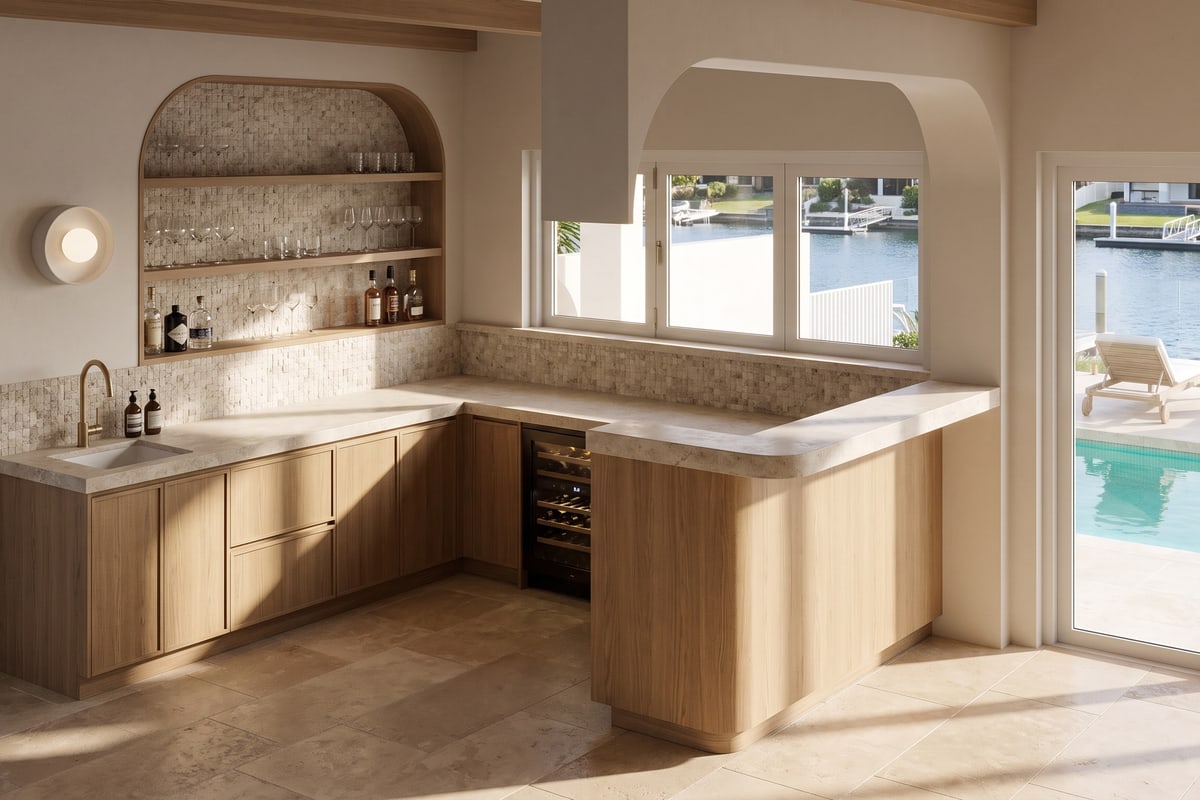 Custom outdoor bar joinery installed alongside a builder