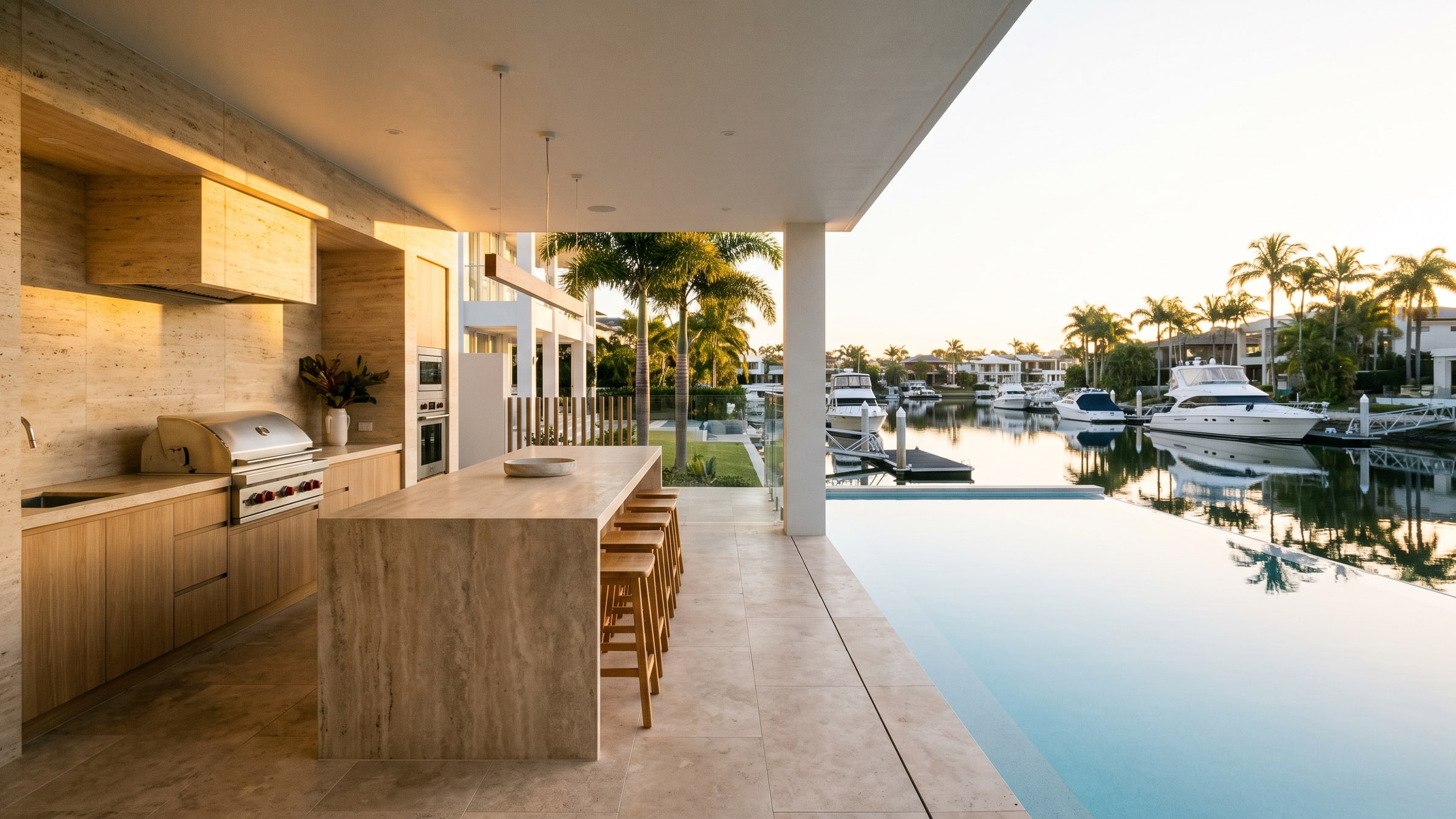 Luxury alfresco kitchen overlooking a Gold Coast canal at golden hour