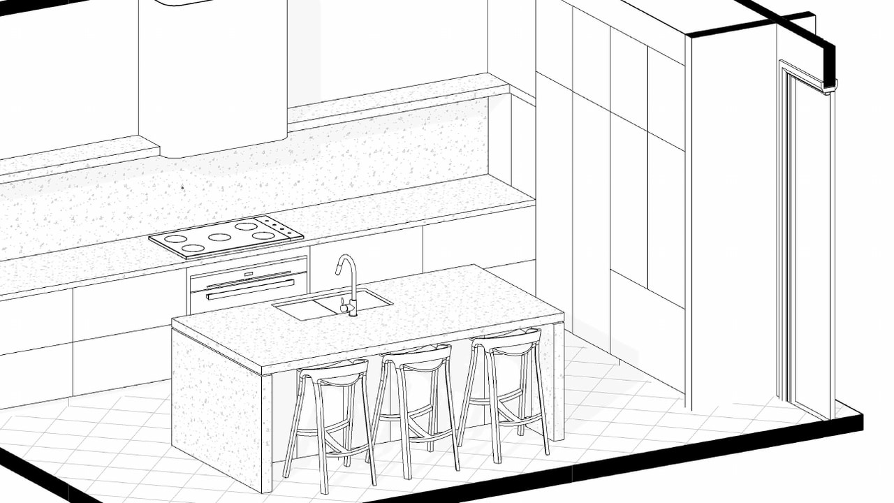 3D design drawing of the Buccaneer pool-house kitchen, Paradise Waters