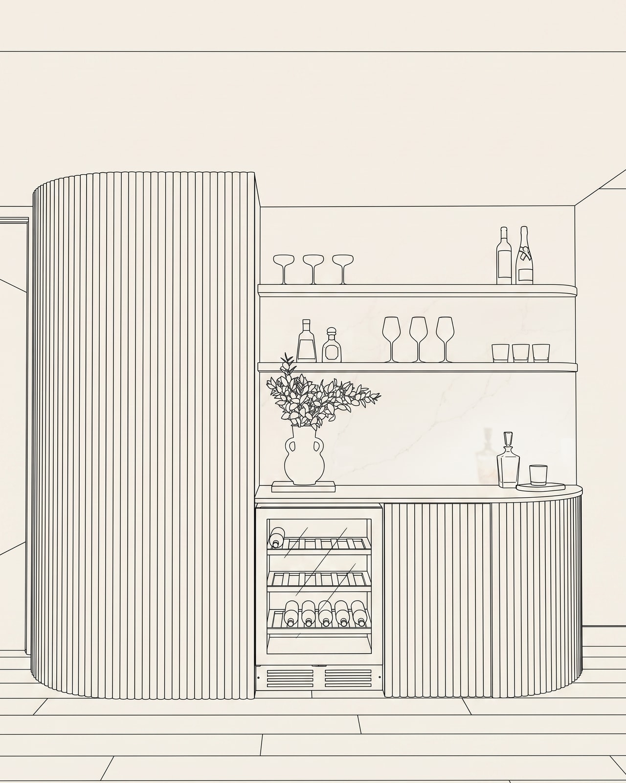 3D design drawing of a fluted-oak home bar, Paradise Point