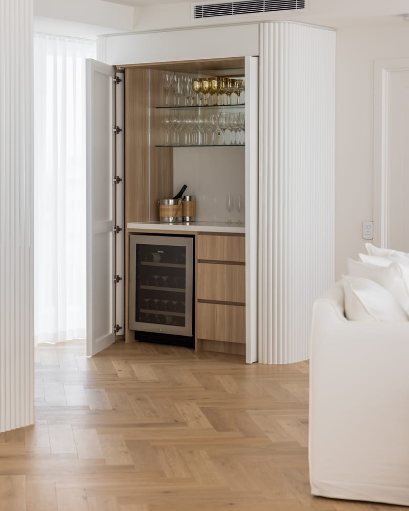 Concealed home bar and wine fridge in fluted cabinetry, Surfers Paradise