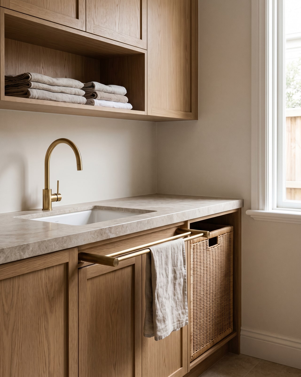 The finished custom oak laundry, built from the design