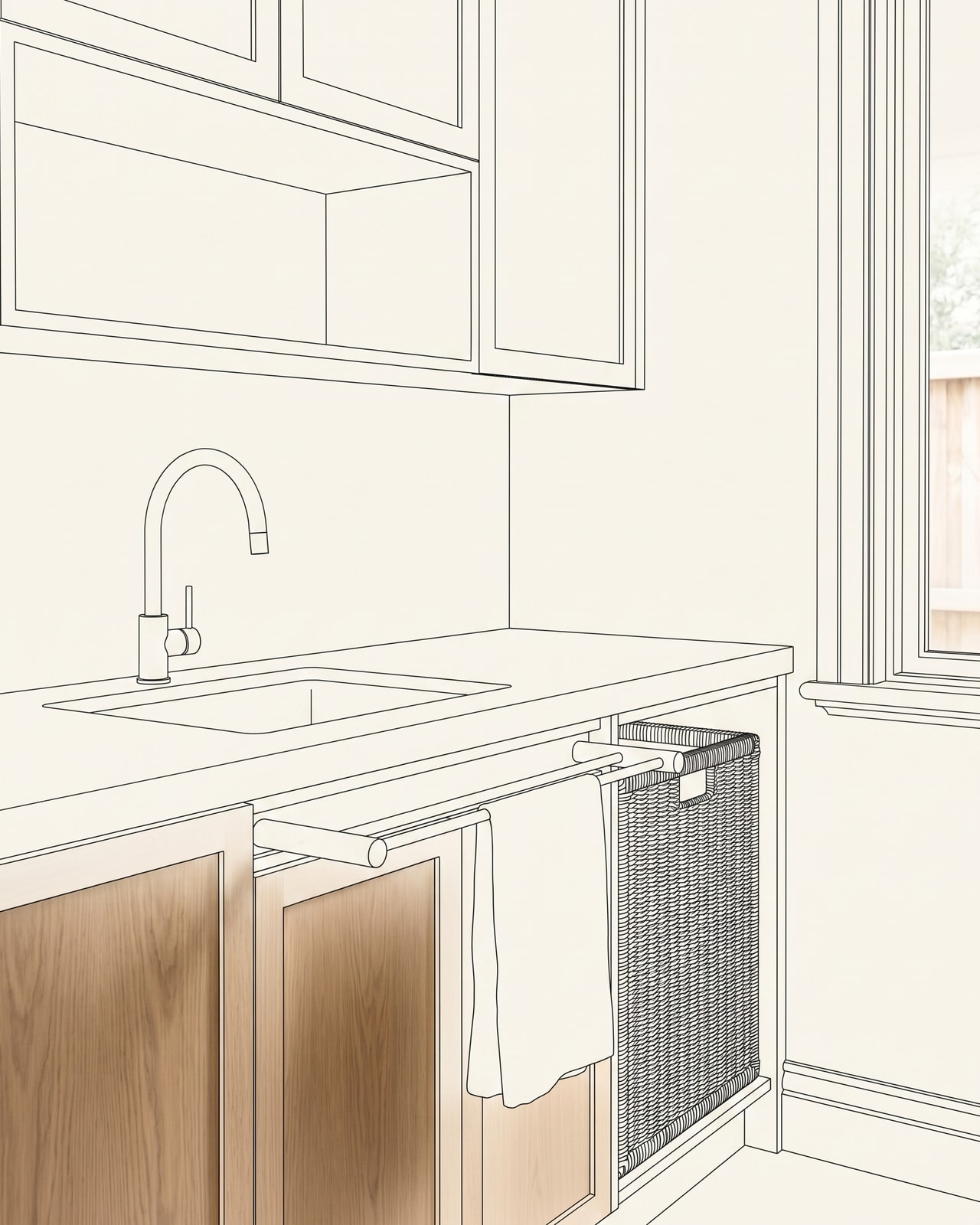 3D design drawing of a custom oak laundry