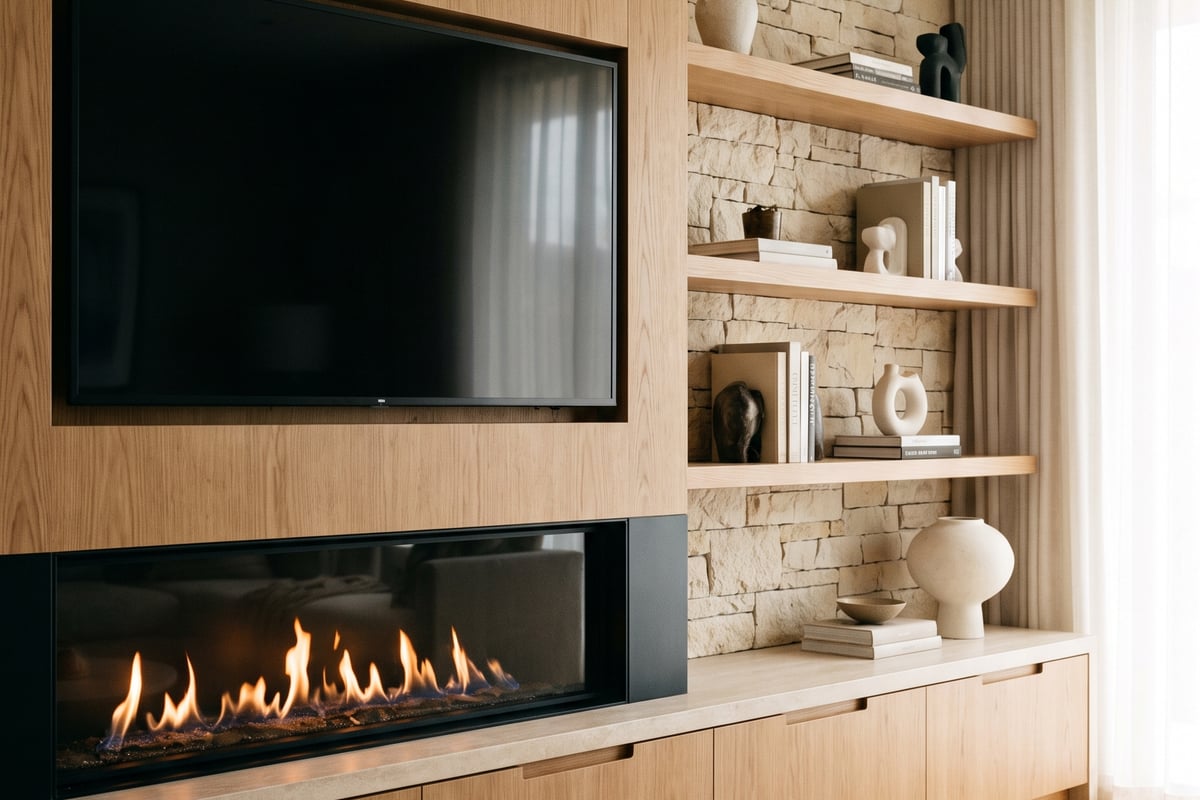 Custom media wall joinery installed alongside a builder