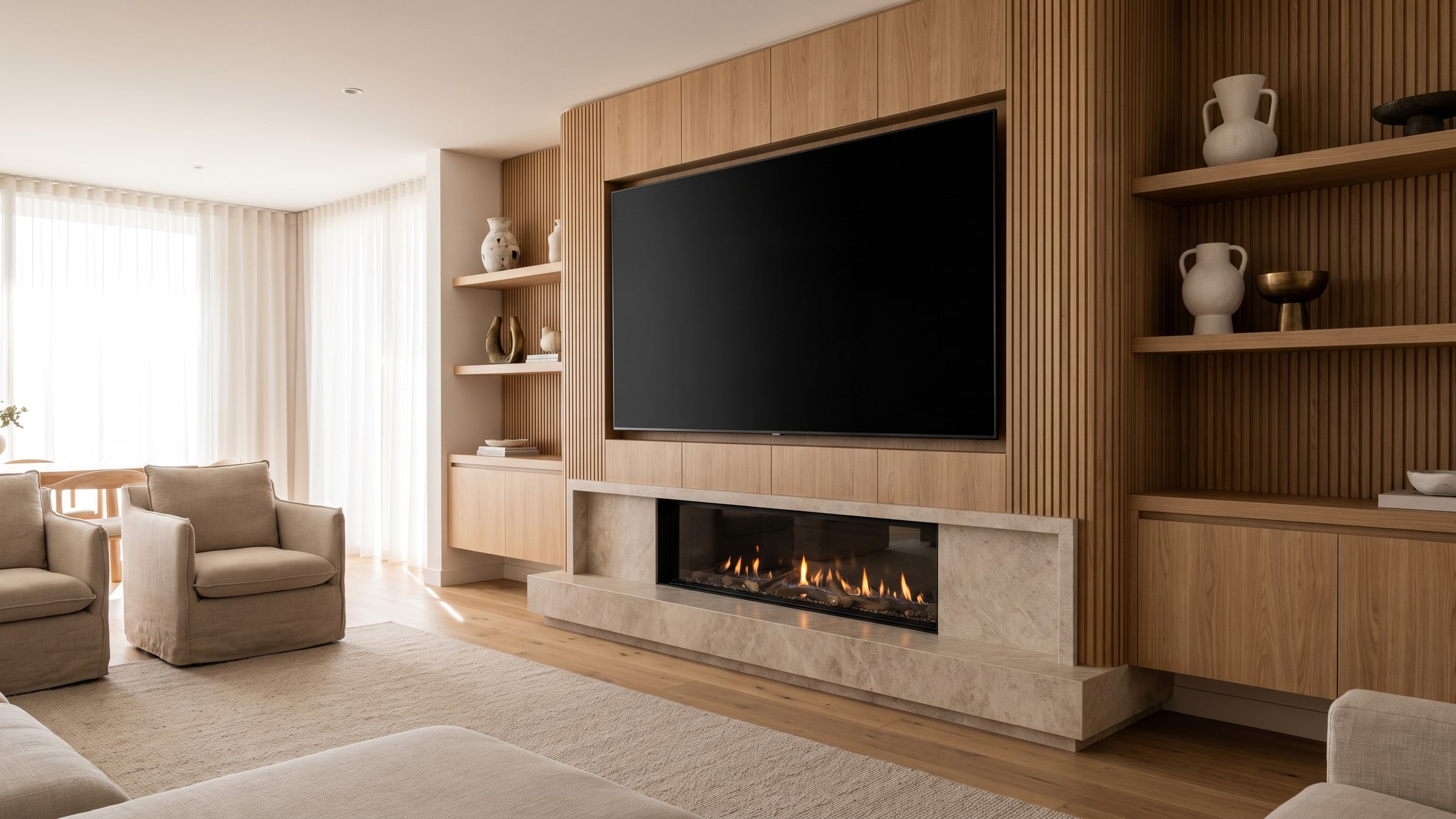 Custom media wall with an integrated fireplace and oak joinery on the Gold Coast