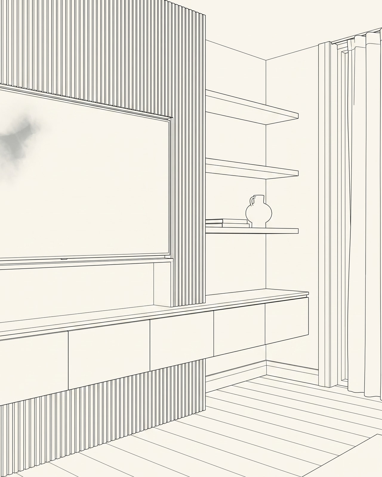3D design drawing of a custom fluted-oak media wall