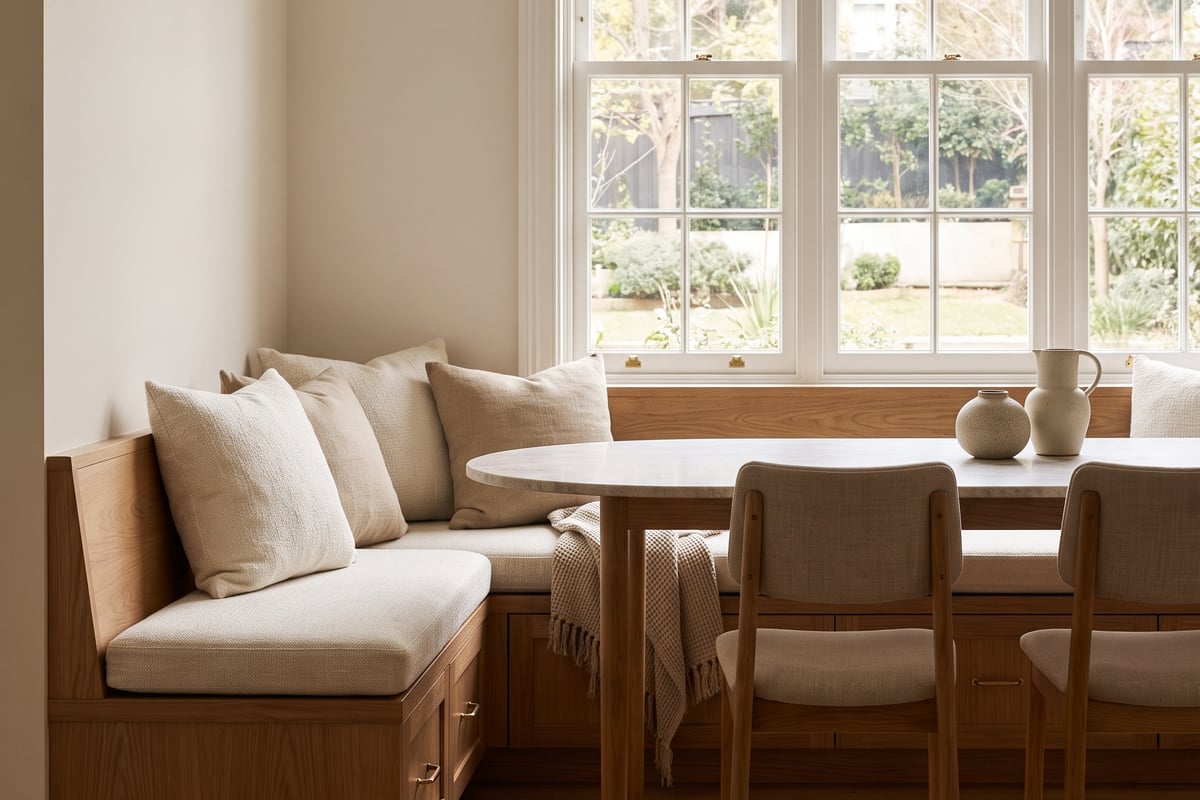 Custom banquette joinery installed alongside a builder