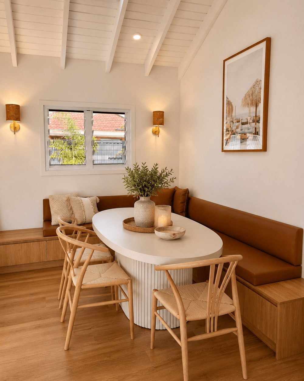 The finished built-in leather banquette, built from the design - Burleigh Waters