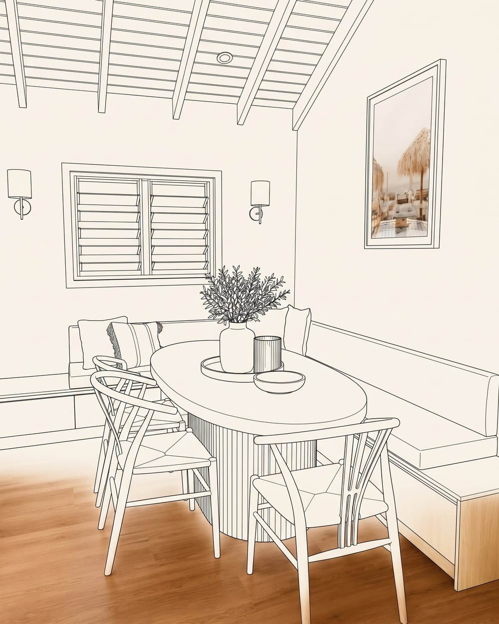 3D design drawing of a built-in dining banquette, Burleigh Waters