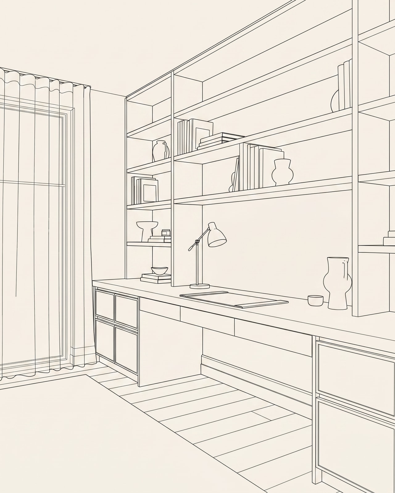 3D design drawing of a custom built-in home study
