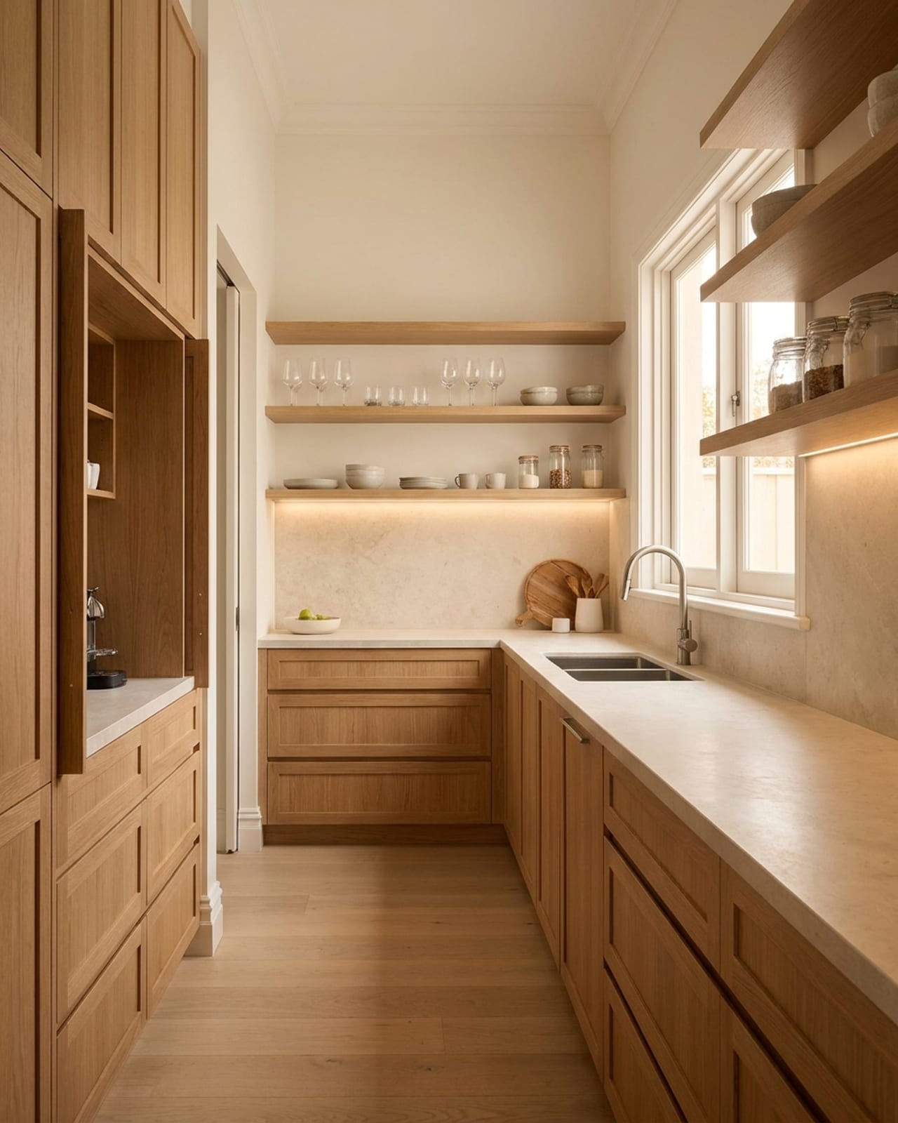 Concept render of a custom oak butler's pantry with stone benchtops