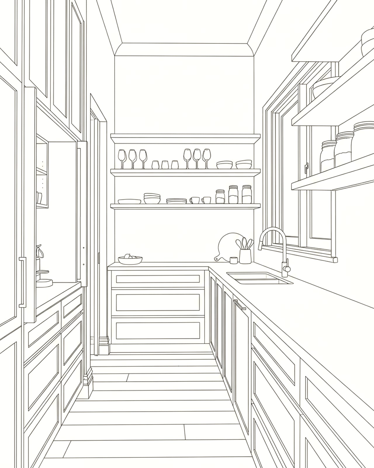 Design drawing of a custom oak butler's pantry with stone benchtops