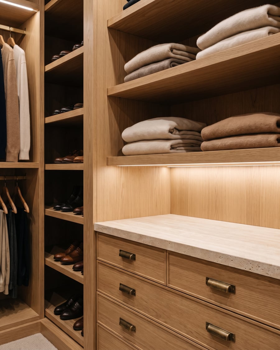 Walk-in robe shelving, drawers and brass handles
