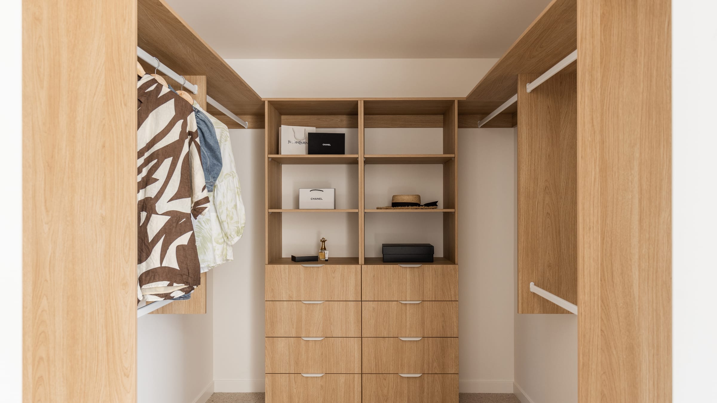 Custom fitted oak walk-in robe and dressing room on the Gold Coast