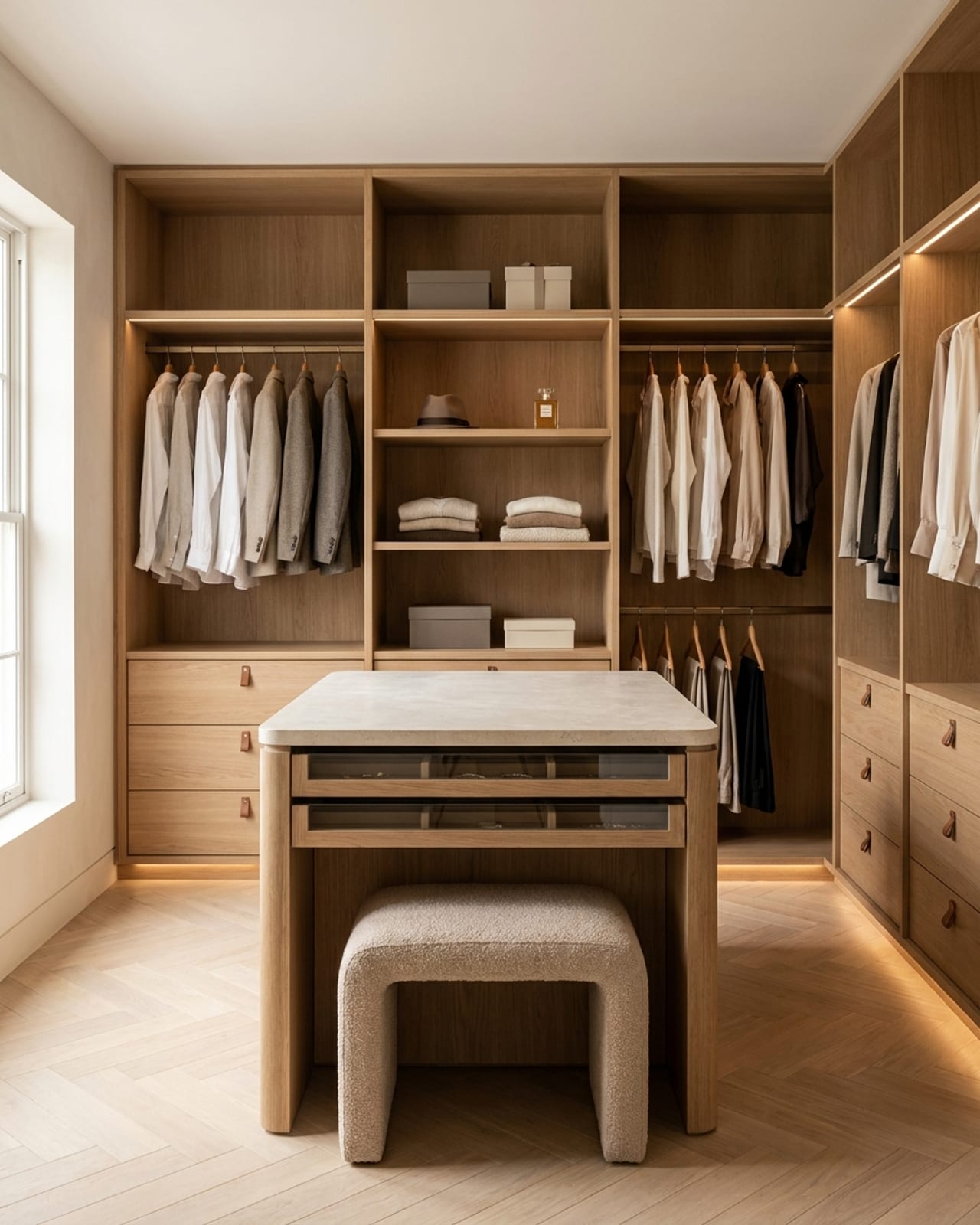 Concept render of a custom walk-in wardrobe with a central dressing island