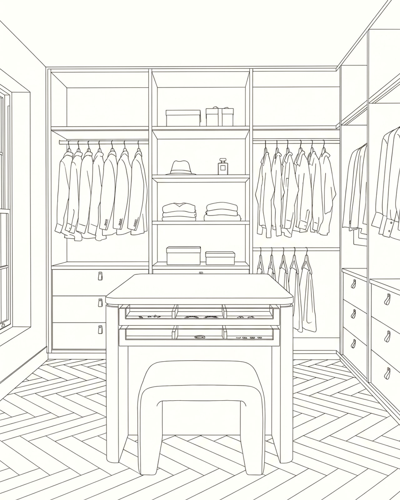 Design drawing of a custom walk-in wardrobe with a central dressing island