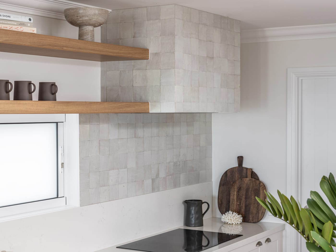 Kitchen with handmade tile, open oak shelving and a stone benchtop in a Palm Beach renovation - 4D Cabinetry