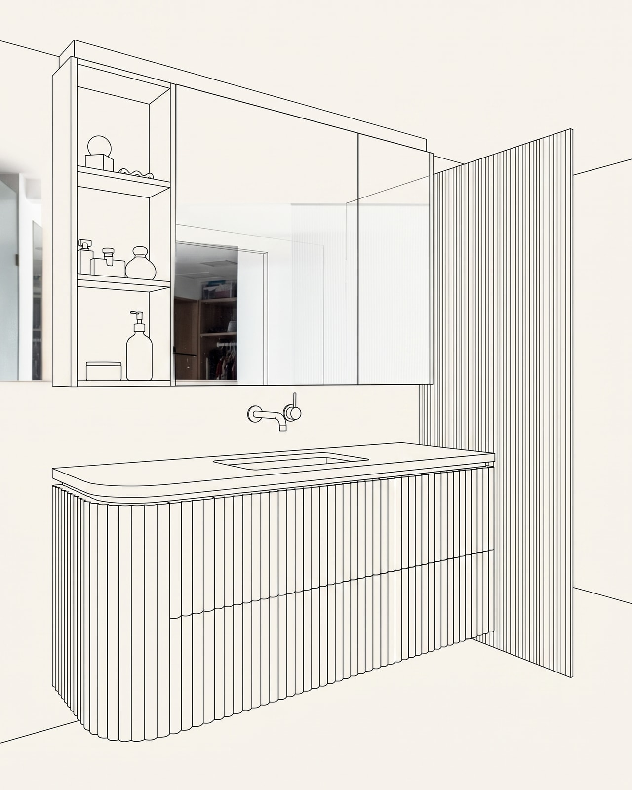 3D design drawing of a curved fluted-oak bathroom vanity, Main Beach